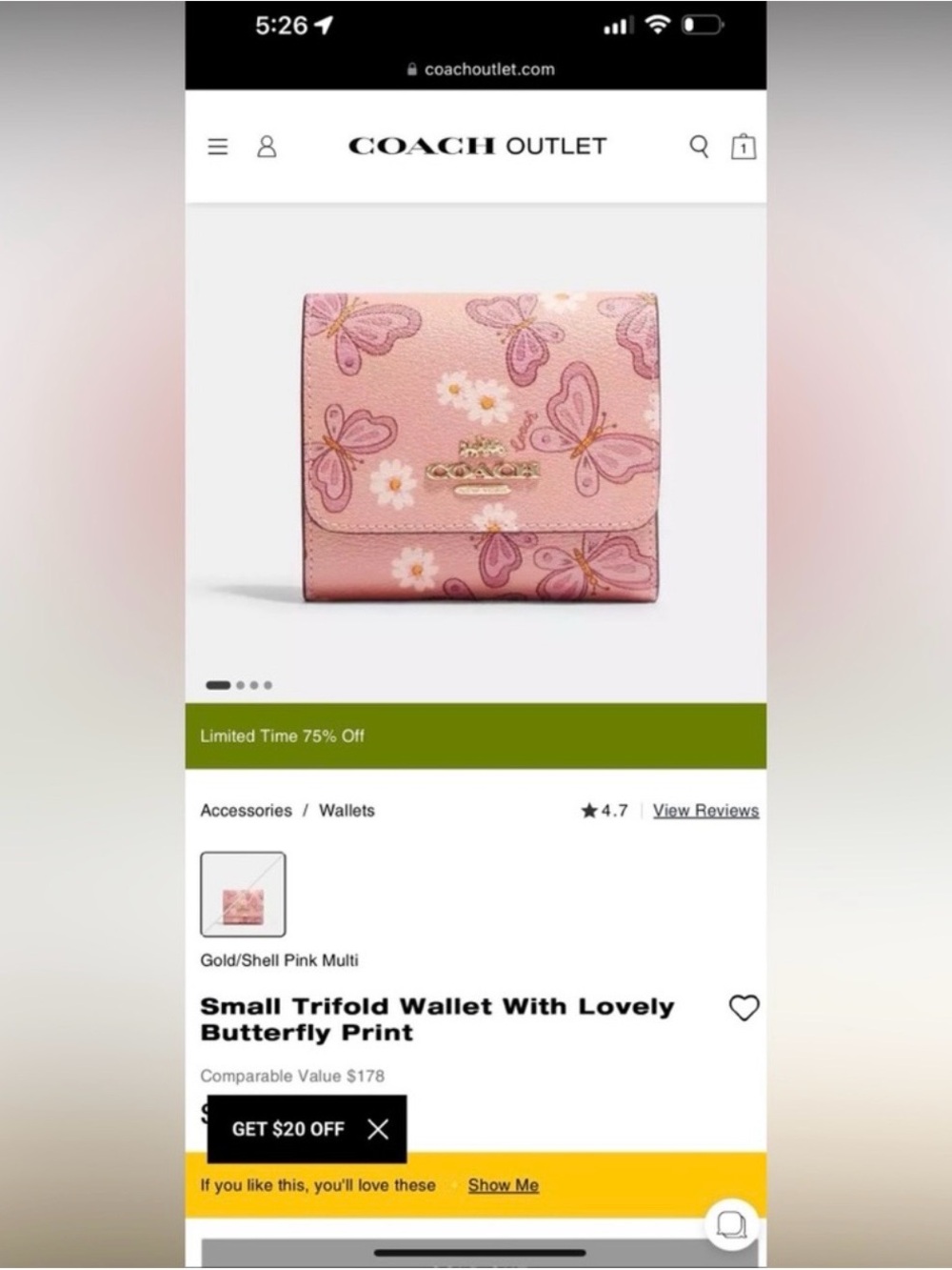Coach Shell Pink Multi Butterfly Trifold Wallet